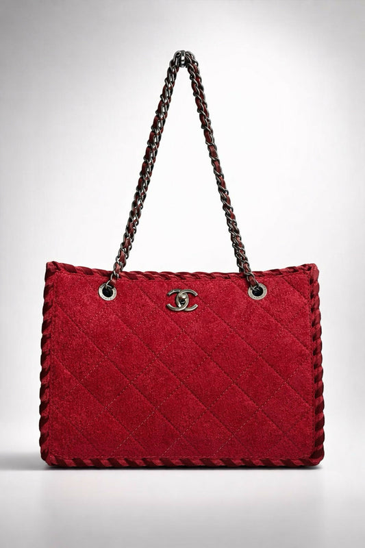 Chanel 13A Edinburgh Red Medium Felt Wool Quilted Timeless Shopping Tote Bag
