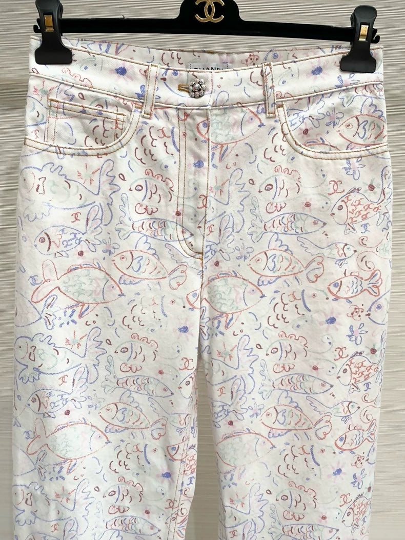 Chanel 25C graffiti fish straight-leg jeans