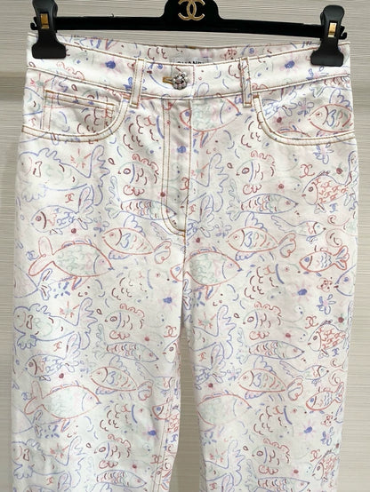 Chanel 25C graffiti fish straight-leg jeans