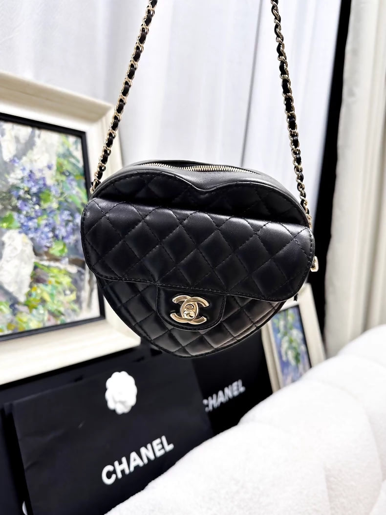 Chanel 25B Black and Gold Lambskin Quilted Large Heart Bag