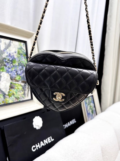 Chanel 25B Black and Gold Lambskin Quilted Large Heart Bag