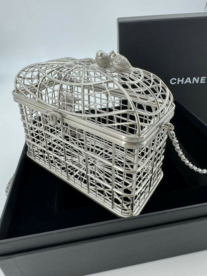 Chanel 2025 Rhinestone and Metal Embellishments Sliver Birdcage Minaudière Bag