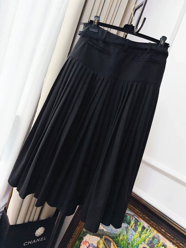 Dior black wool pleated long skirt