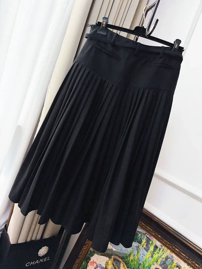 Dior black wool pleated long skirt