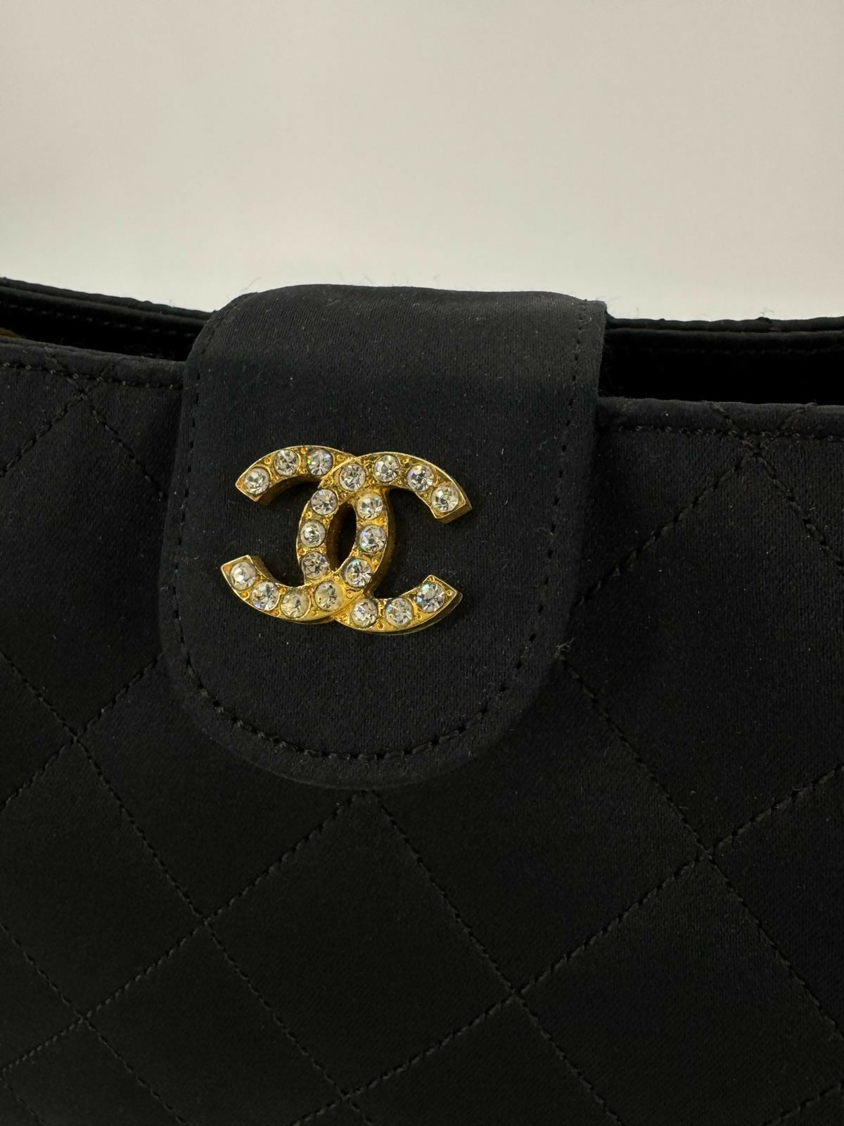 Chanel Vintage Satin and Rhinestone Shiny Black Shoulder Bag