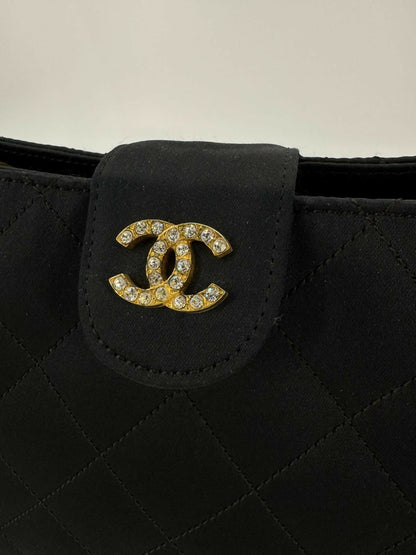 Chanel Vintage Satin and Rhinestone Shiny Black Shoulder Bag