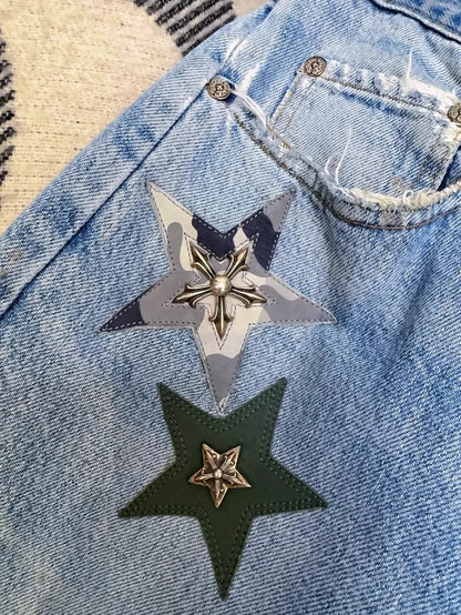 Chrome Hearts Limited Edition Blue Distressed Jeans, Army Green Camouflage Patchwork Star Jeans