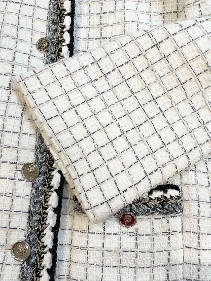 Chanel 25S Black and white checkered tweed cape coat