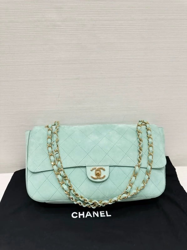 Chanel 26s suede CF Maxi bag, mint blue with gold chain, large size 36cm,