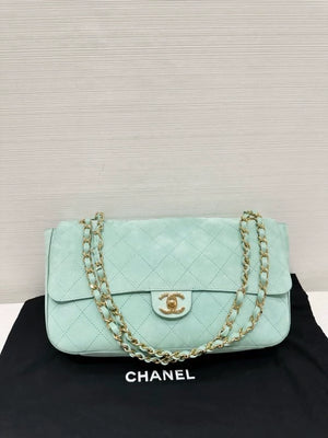 Chanel 26s suede CF Maxi bag, mint blue with gold chain, large size 36cm,