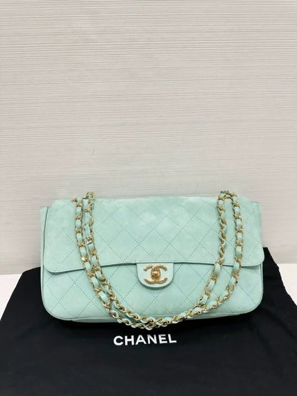 Chanel 26s suede CF Maxi bag, mint blue with gold chain, large size 36cm,