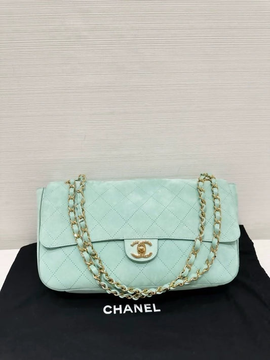 Chanel 26s suede CF Maxi bag, mint blue with gold chain, large size 36cm,