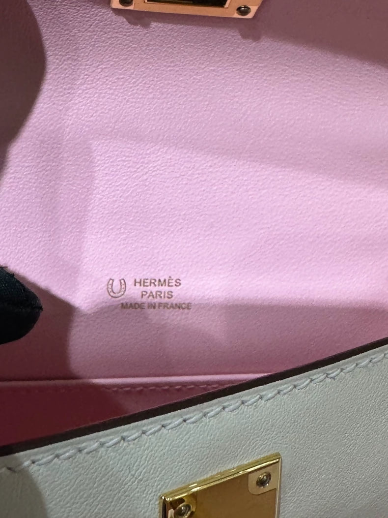 Hermes Kelly Pochette Craie & rose Sakura Pink Swift Leather with gold hardware