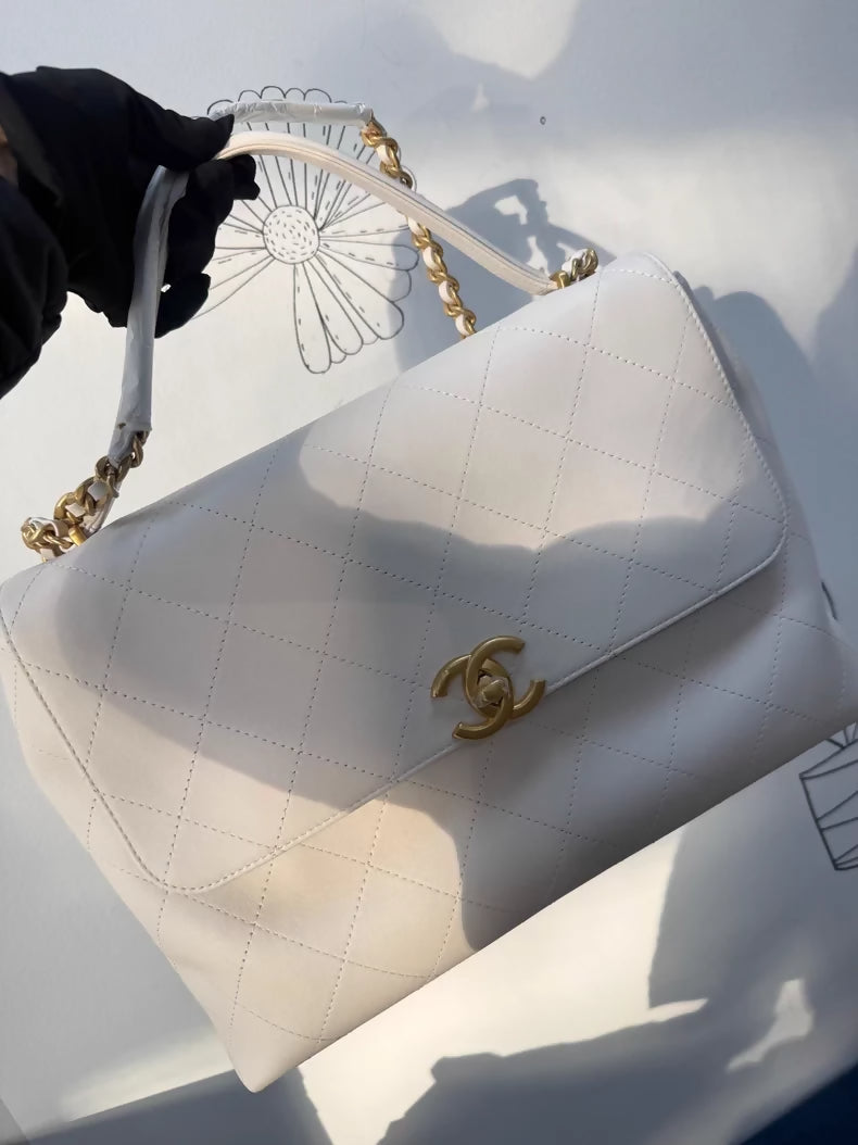 Chanel 25S Maxi Flap Handbag in White Gold hardware and Chain Handle