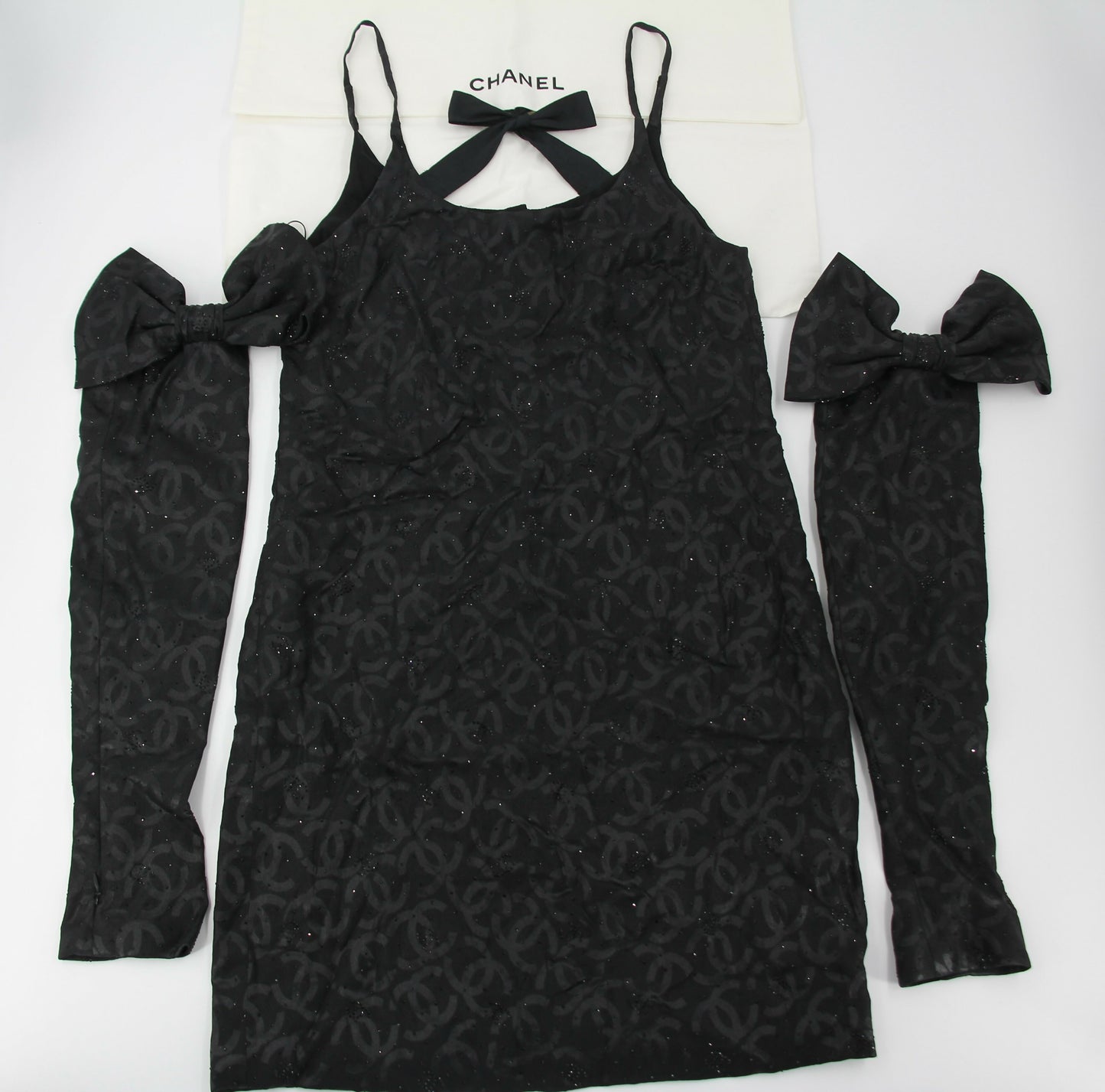 Chanel 2023 Silk Jacquard Embellished Glove Black Dress
