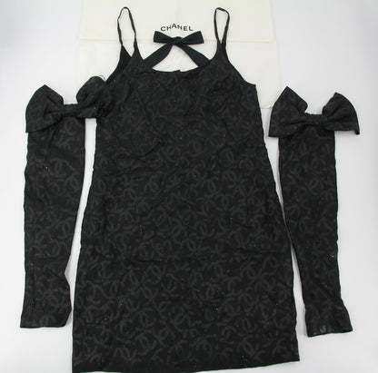 Chanel 2023 Silk Jacquard Embellished Glove Black Dress