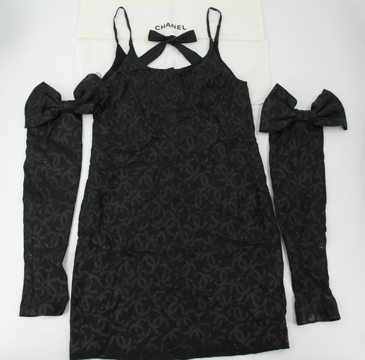 Chanel 2023 Silk Jacquard Embellished Glove Black Dress