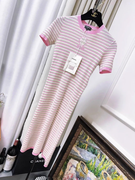 Chanel 25B pink striped Coco Chanel portrait dress