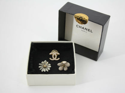 Chanel Vintage 10P Enamel Pink Camellia & Chrysanthemum & Pink CC Three-Piece Brooch