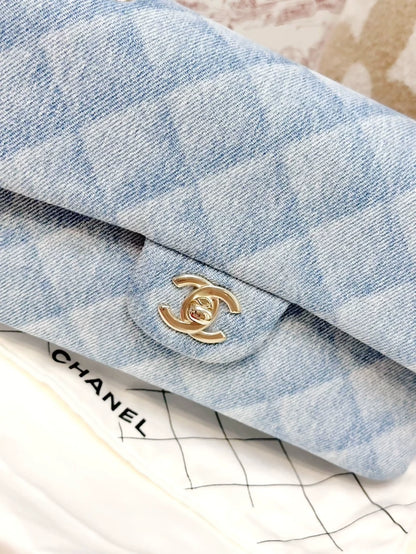 Chanel 22B Small Blue Denim Gold Quilted Chain Crossbody Bag