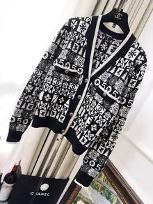 Chanel 19B black and white cashmere knit cardigan