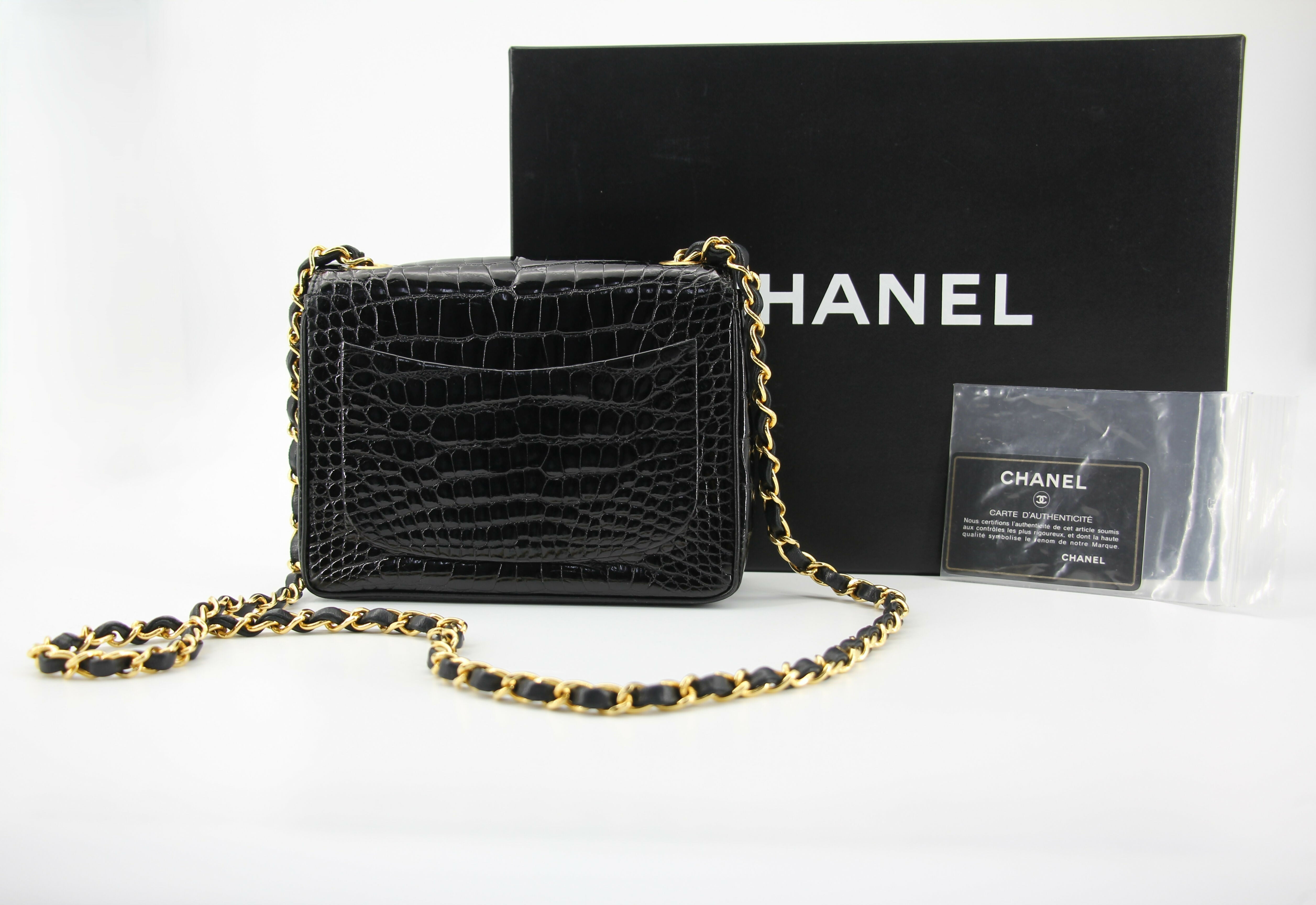 Chanel Vintage 89-91 Black Alligator Mini Square Gold Hardware