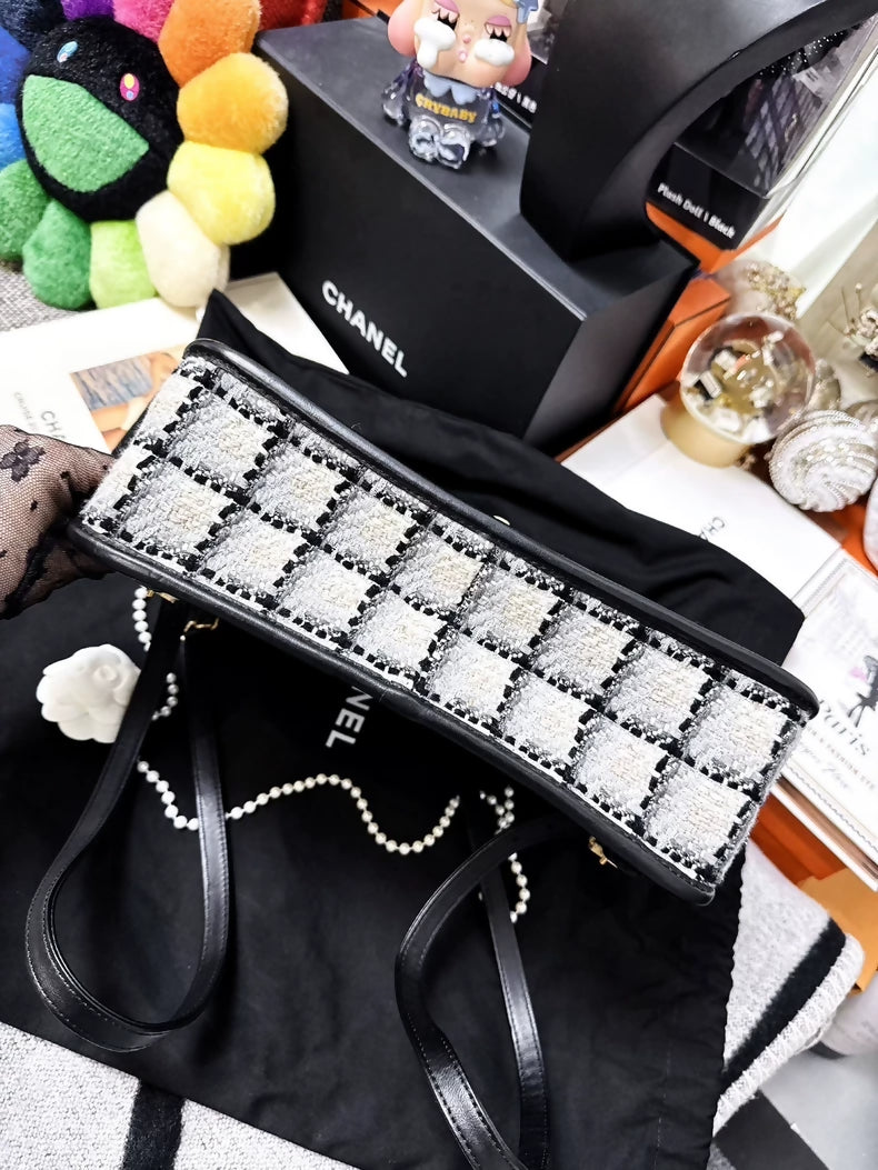 Chanel 22K Black and White Checkered Tweed Messenger Bag