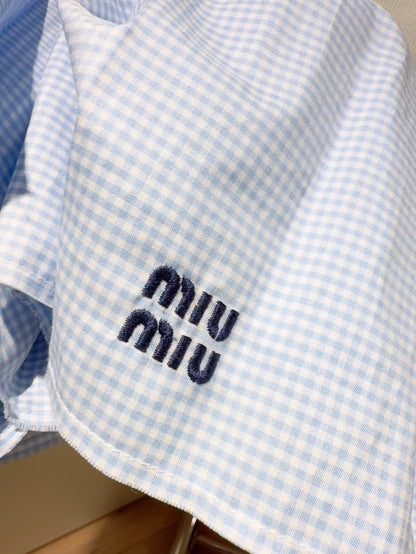 Miu Miu white and blue patchwork logo embroidered strapless dress