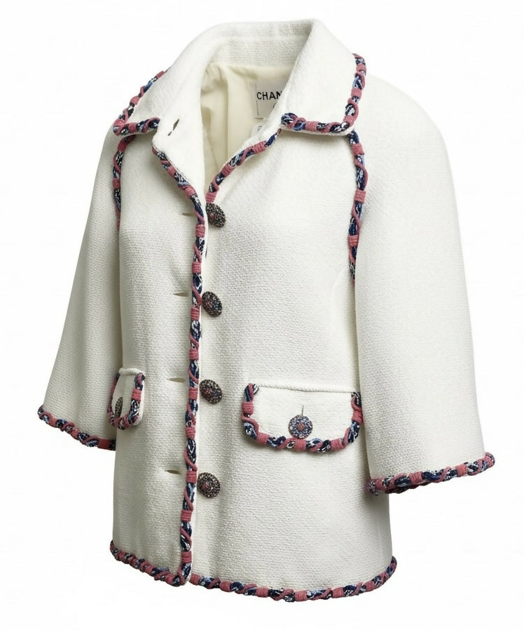 Rare Chanel 15C Dubai Swarovski Crystals White Multicolor Braided Trim Short Jacket FR 38