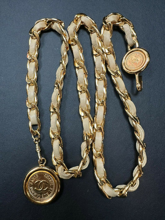 Chanel Vintage 80S Gold Plated & Leather Light Brown Gold Coin Waist Chain (L95)