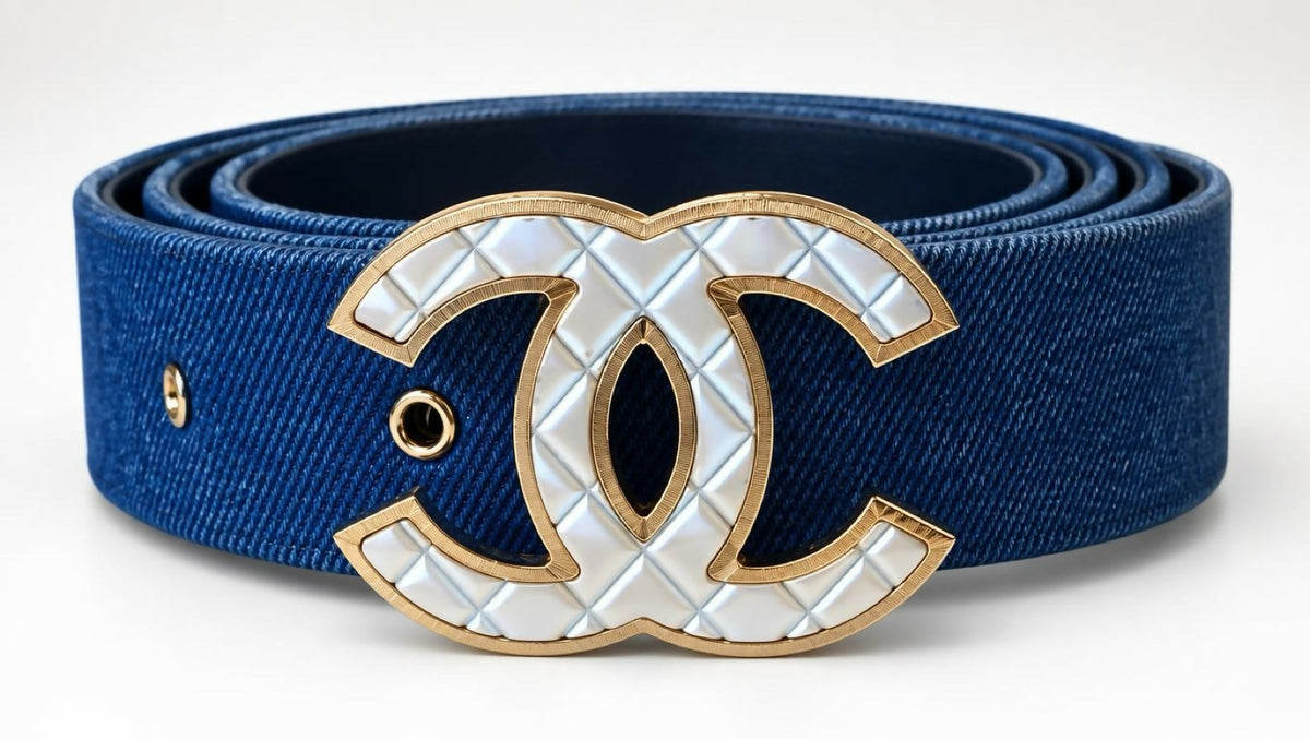 Chanel Airlines 16P Blue Denim CC Matte Silver & Gold Buckle Belt