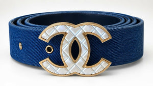 Chanel Airlines 16P Blue Denim CC Matte Silver & Gold Buckle Belt