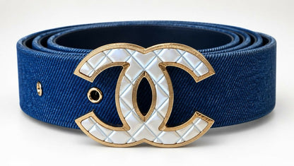 Chanel Airlines 16P Blue Denim CC Matte Silver & Gold Buckle Belt