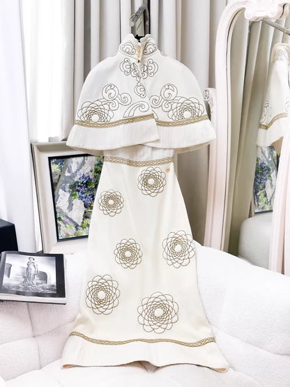 Chanel 16A off-white with gold camellia cape dress