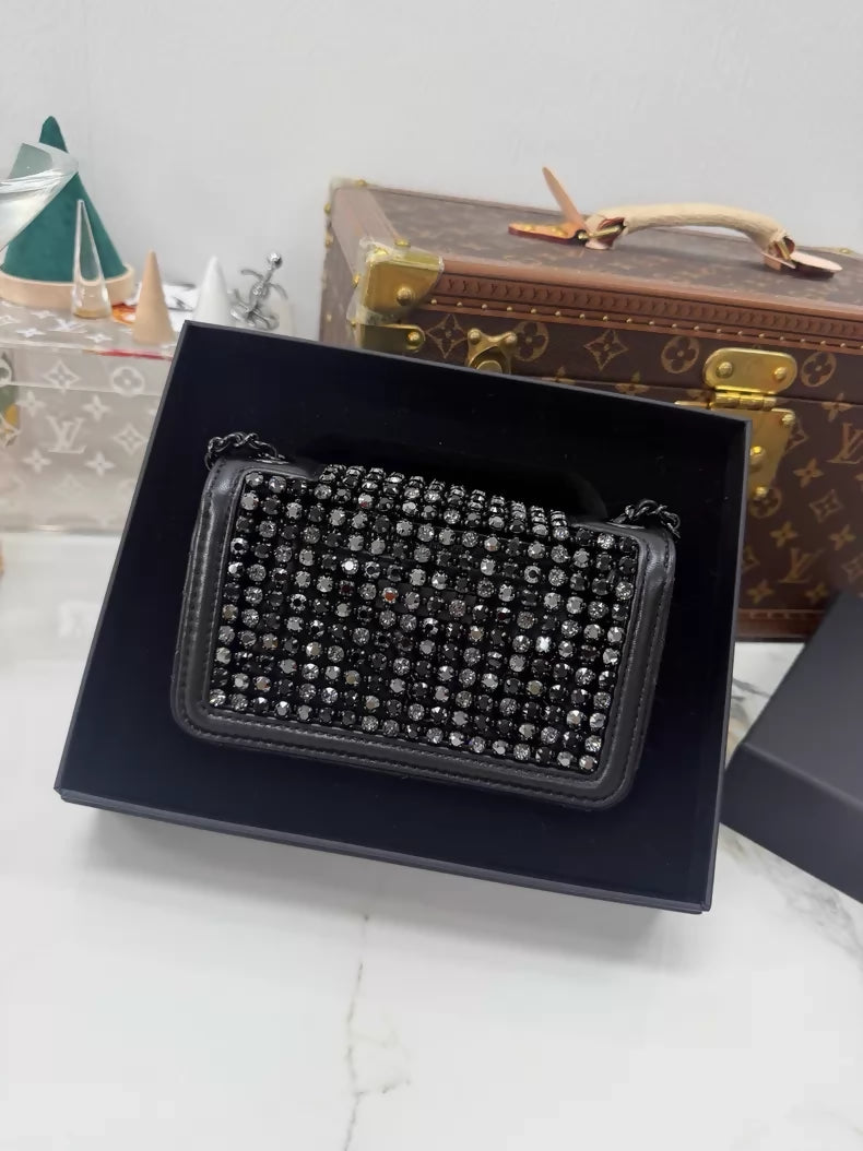 Chanel 24K Evening Bag Mini CF Black Gold Rhinestone Chain Bag