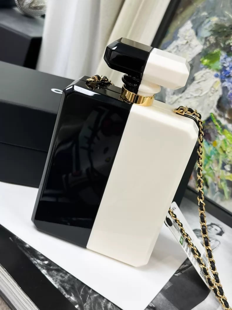 Chanel 20k black and white acrylic perfume bottle evening bag minaudieres
