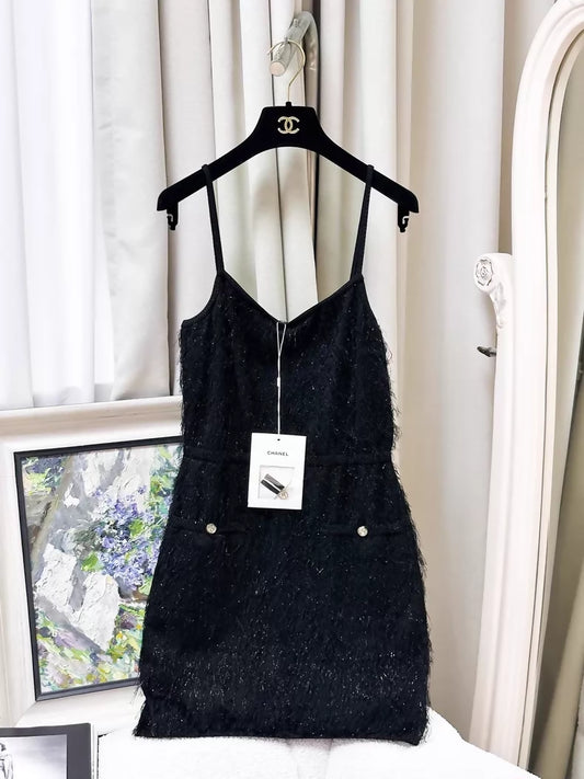 Chanel 21S black tassel and feather dress