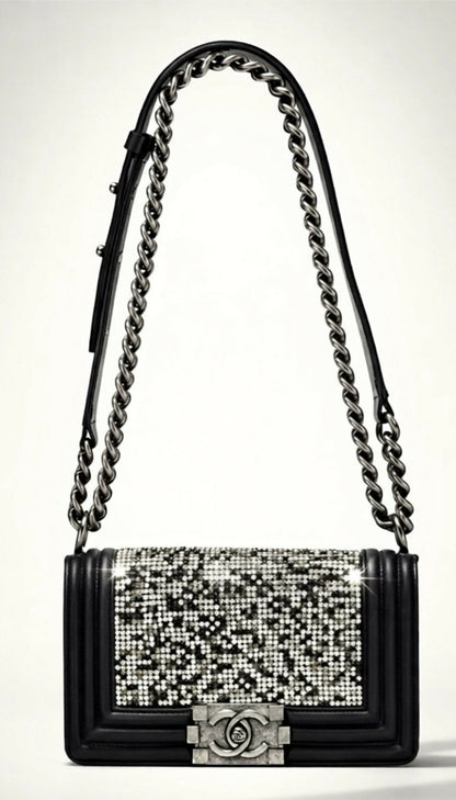 Chanel 14P Swarovski Crystals Small Black Leather Boy Bag
