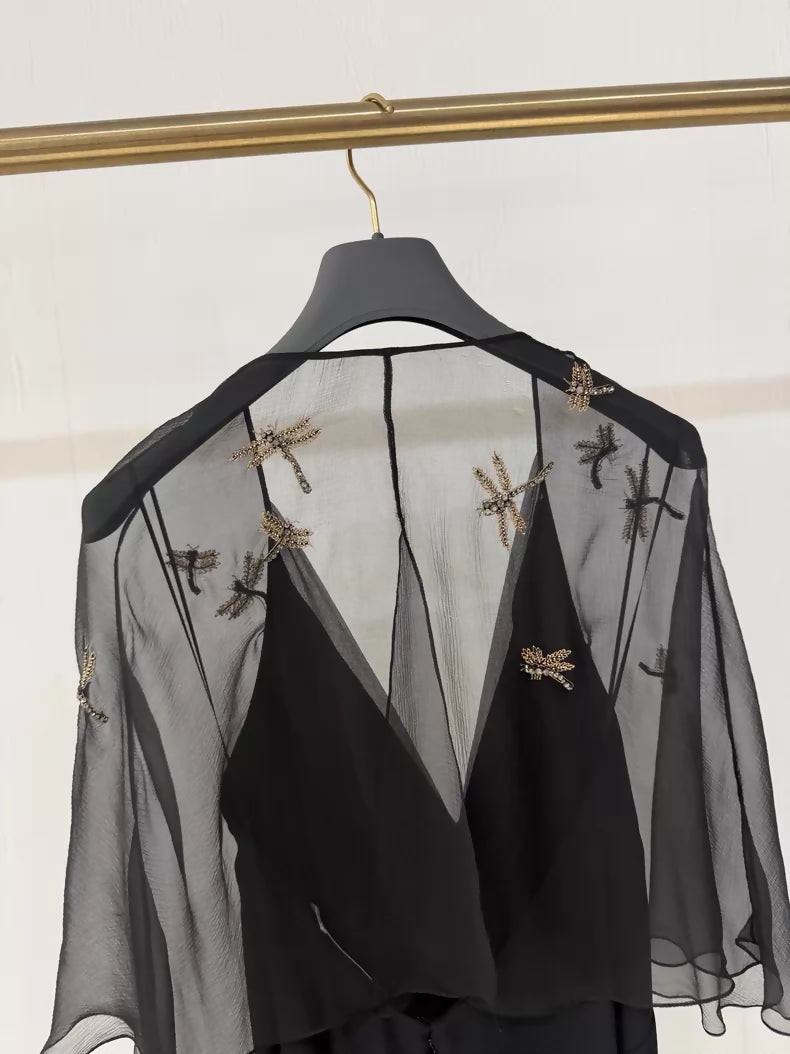 Dior black bee rhinestone embroidered evening gown
