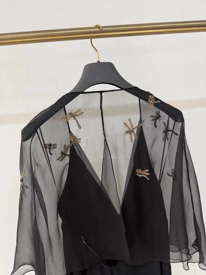 Dior black bee rhinestone embroidered evening gown
