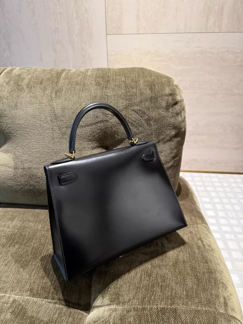 Hermes Kelly 28 Black Box Leather Gold Hardware