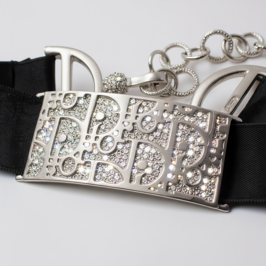 Rare Dior John Galliano Crystal Silver Metal Silk Trotter Choker Necklace