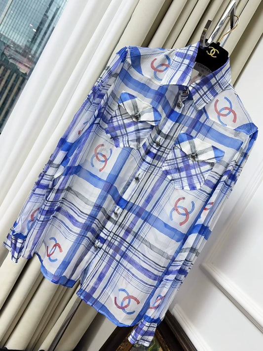 Chanel 23P blue and white silk shirt