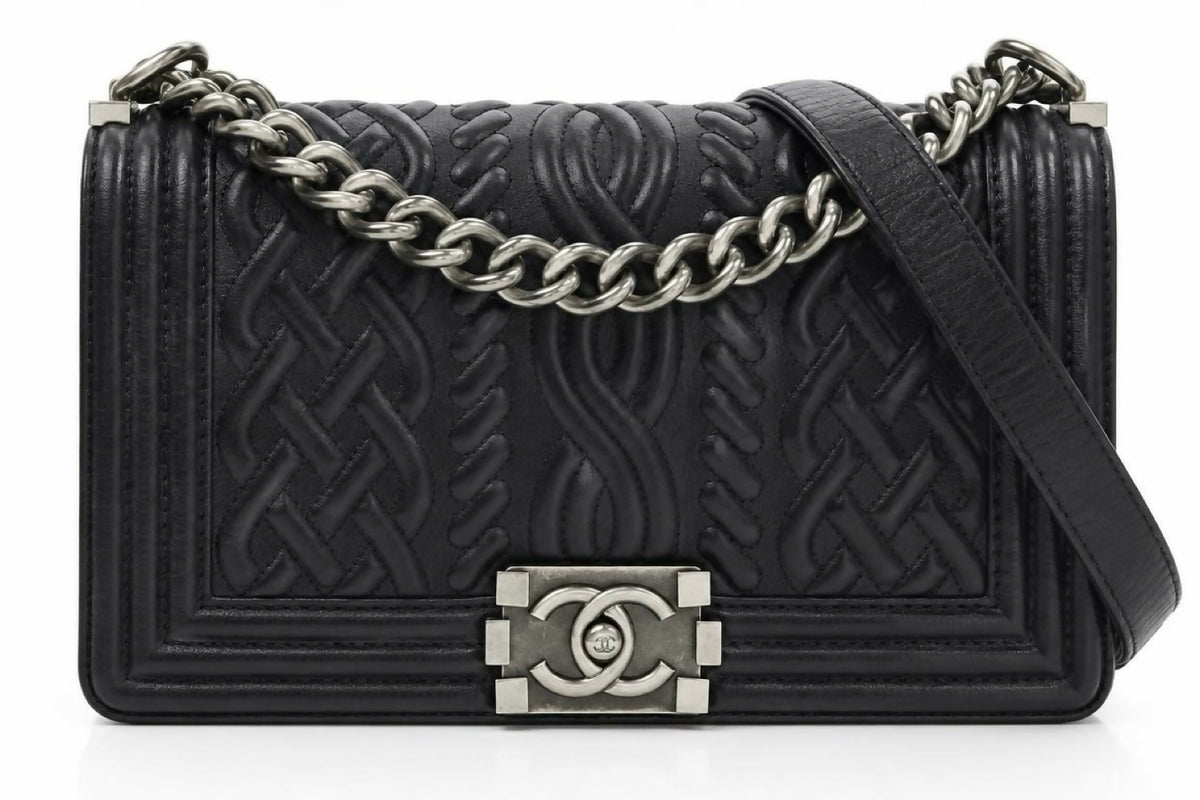 Chanel 13A Edinburgh Black Lambskin Medium Embossed Celtic Knot Boy Flap Bag