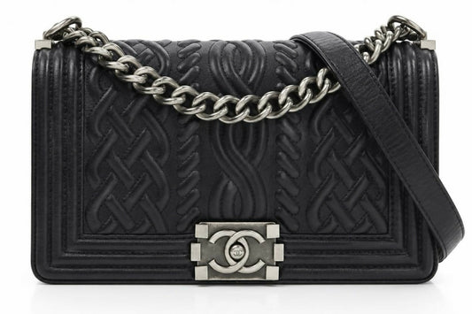Chanel 13A Edinburgh Black Lambskin Medium Embossed Celtic Knot Boy Flap Bag