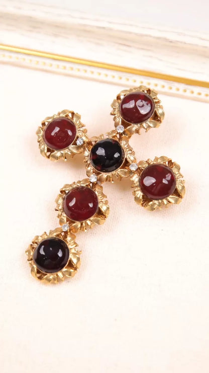 Chanel 1994 Red Glass Rhinestone Cross Brooch