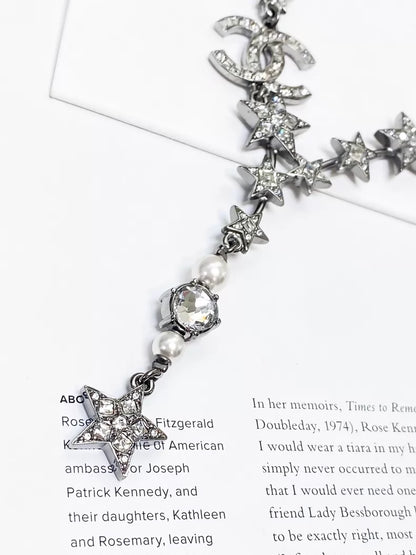 Chanel 21P silver star double C pearl long necklace
