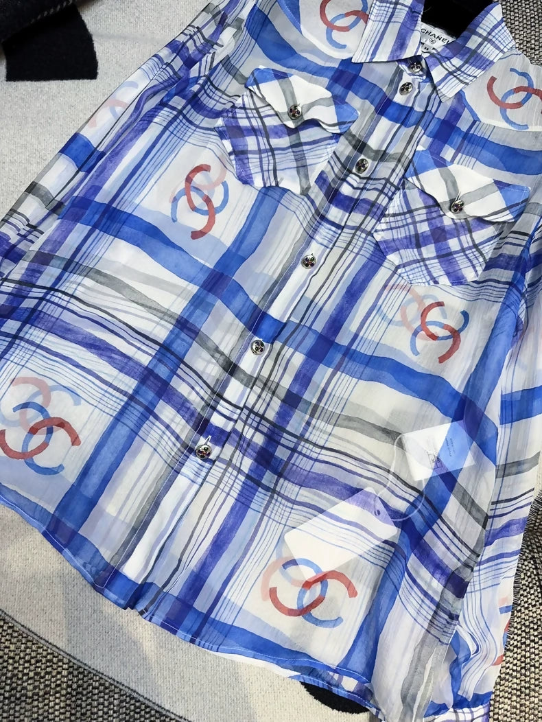 Chanel 23P blue and white silk shirt
