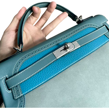 Hermes vintage Kelly 32 lace collection in suede denim blue