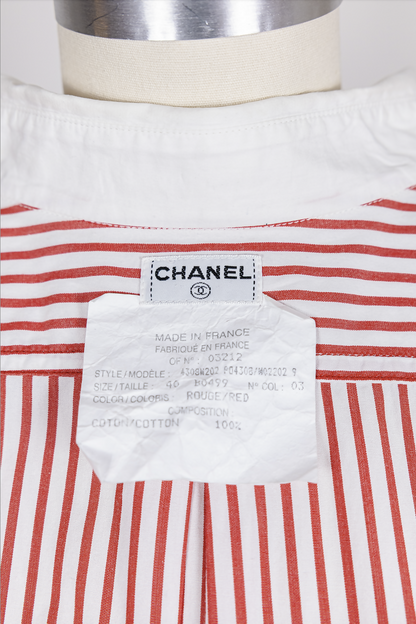 Chanel 1990s Vintage Red Striped Embroidered Logo Button-Down Shirt